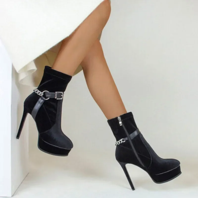 2024 Metal Chain Waterproof Platform Short Boots Sexy Circular Lock Buckle Thin High Heel Boots Dinner Black Velvet Shoes 36-41