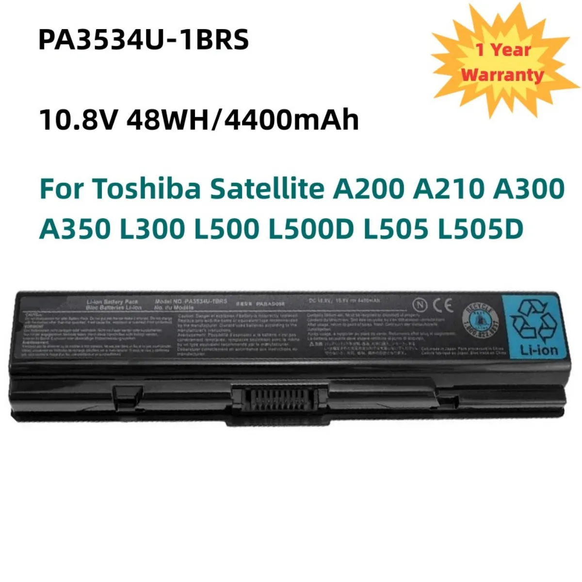 PA3534U-1BRS Laptop Battery For Toshiba Satellite A200 A210 A300 A350 L300 L500 L500D L505 L505D PA3534U PA3535U-1BAS 10.8V 48WH