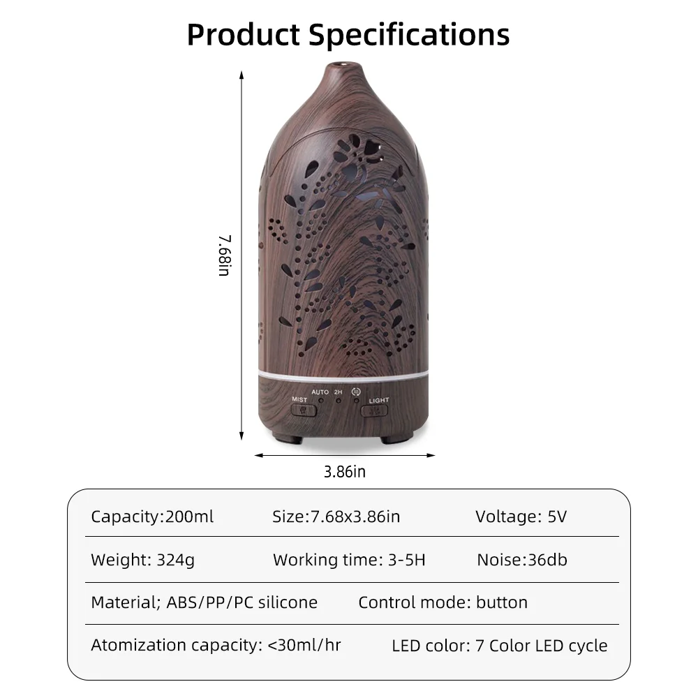 Ultrasonic Aroma Humidifier 7 Color LED Night Light Essential Oil Diffuser Whisper Quiet Auto Shut Off  for Home & Spa