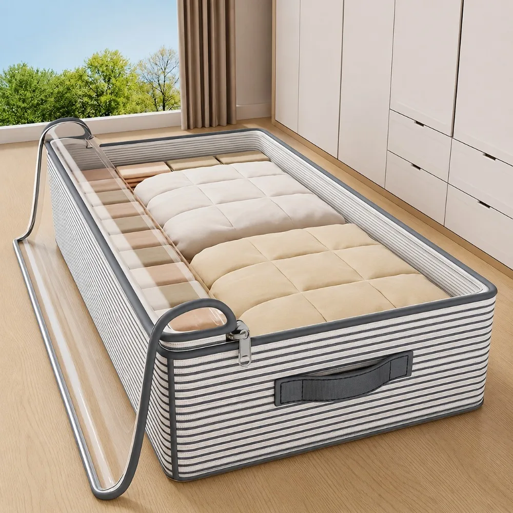 Large Clothes Storage Bag Clear Window Foldable Zipper Handle Under Bed Wardrobe Bedroom Blankets Bedding Sweaters Seasonal
