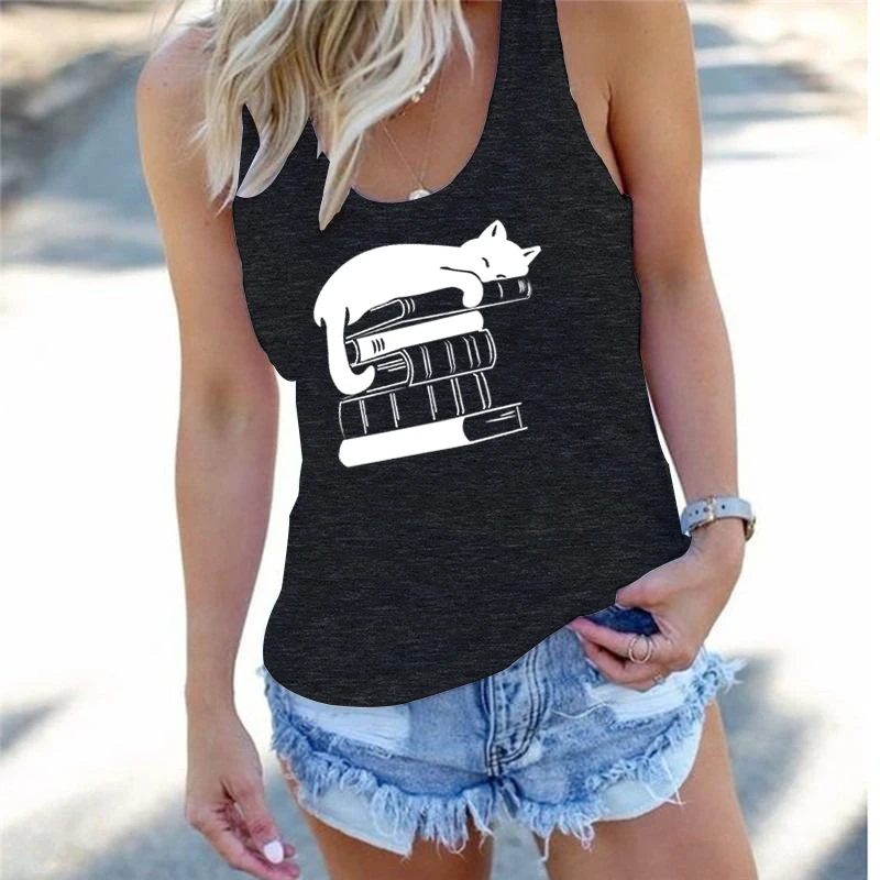 Camisola regata feminina racerback, gato de livro gráfico tops curtos, gato feminino presente proprietário, amantes da leitura moda sexy tops, moda, verão