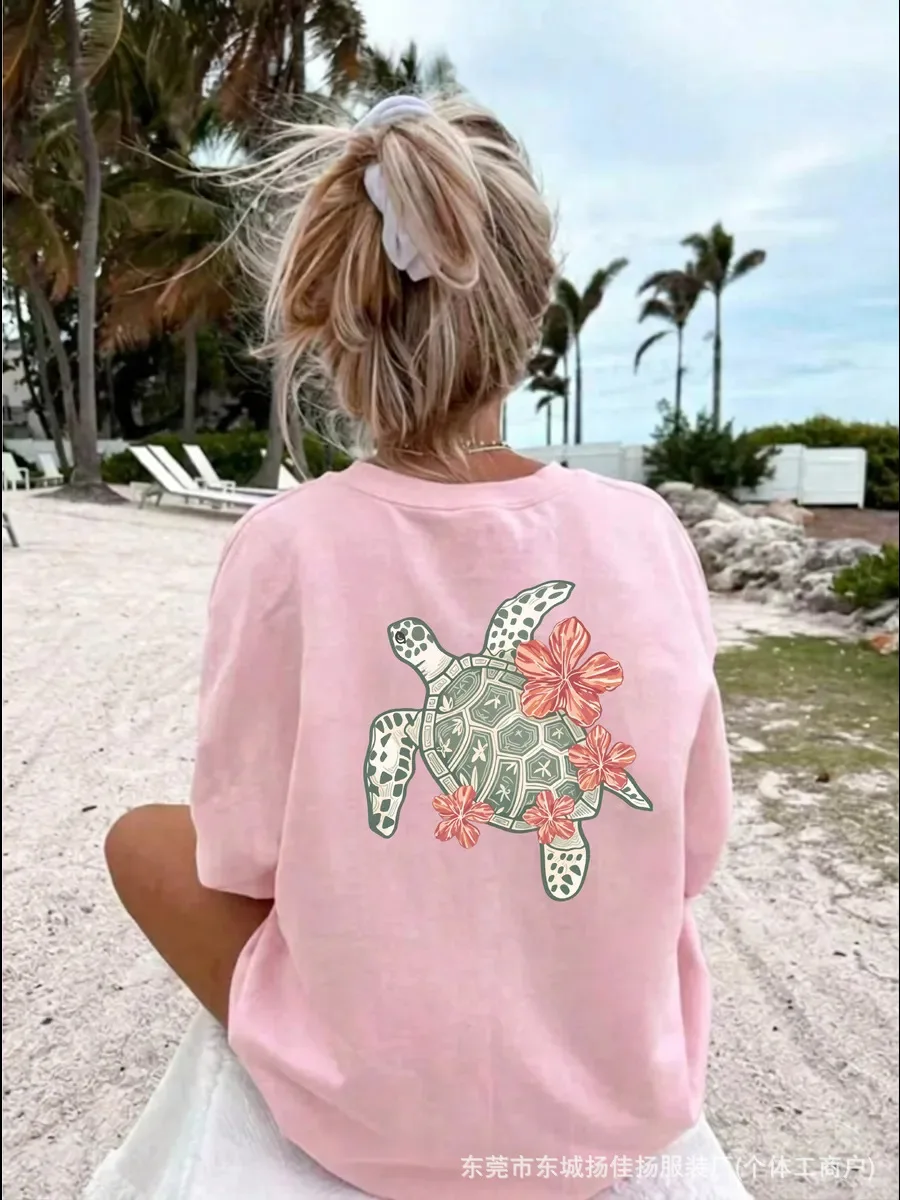 Tropical Beach Coquette Pink Oversized Tee Hawaiian Sea Turtle Hibiscus Print Soft Cotton Loose Women Vacation Street T Shirt