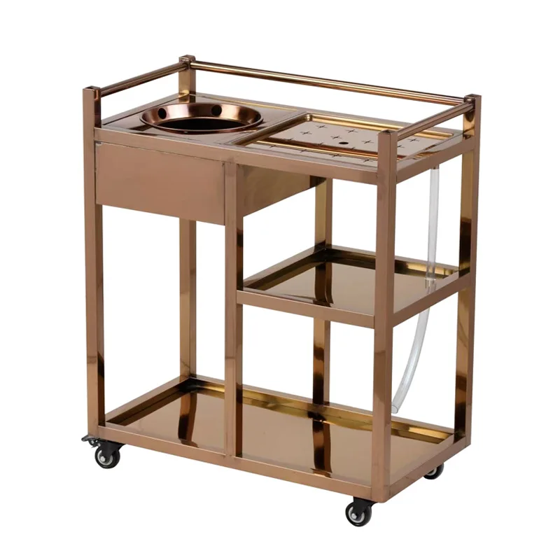 

Square stainless steel cart Titanium small tea cart Commercial movable table Tea cart with leaking tray
