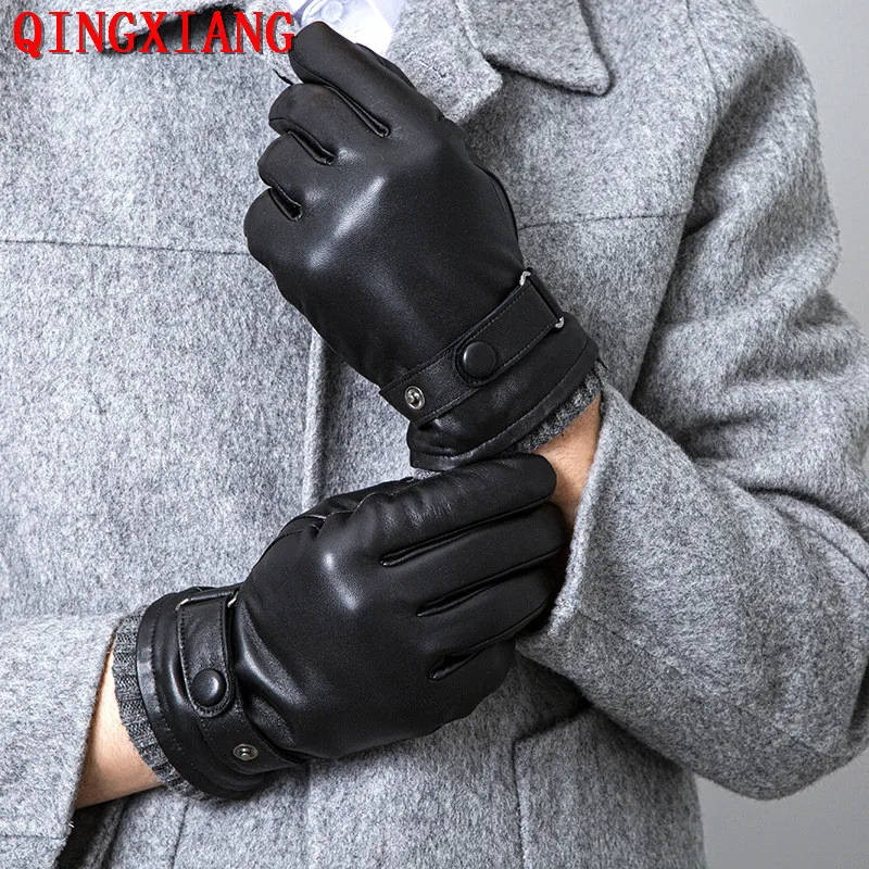 

M-XL 2022 Men Winter Warm Thicken Black Touch Screen Leather Velvet Sheepskin Suede Cycling Driving Button Adjust Short Gloves