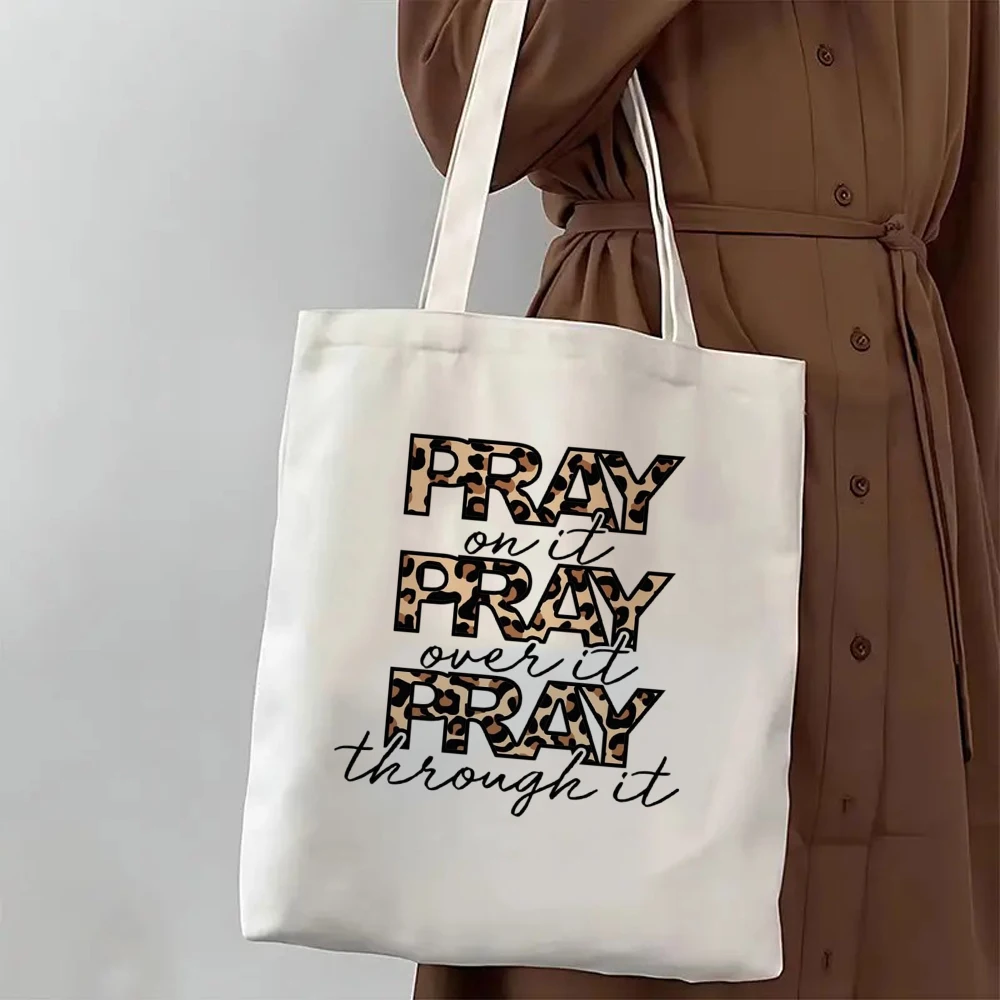 

Christian Pray Over It Canvas Tote Bags for Women Leopard Print Large Capacity Shopping Shoulder Bag Casual Daily Travel Bag