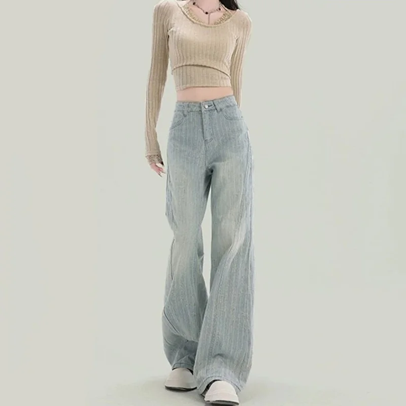جينز أزرق فاتح مرقع للنساء ربيع الخريف فضفاض مستقيم الساق بنطلون أمريكي ريترو عالي الخصر واسع الساق الدينيم السراويل #4