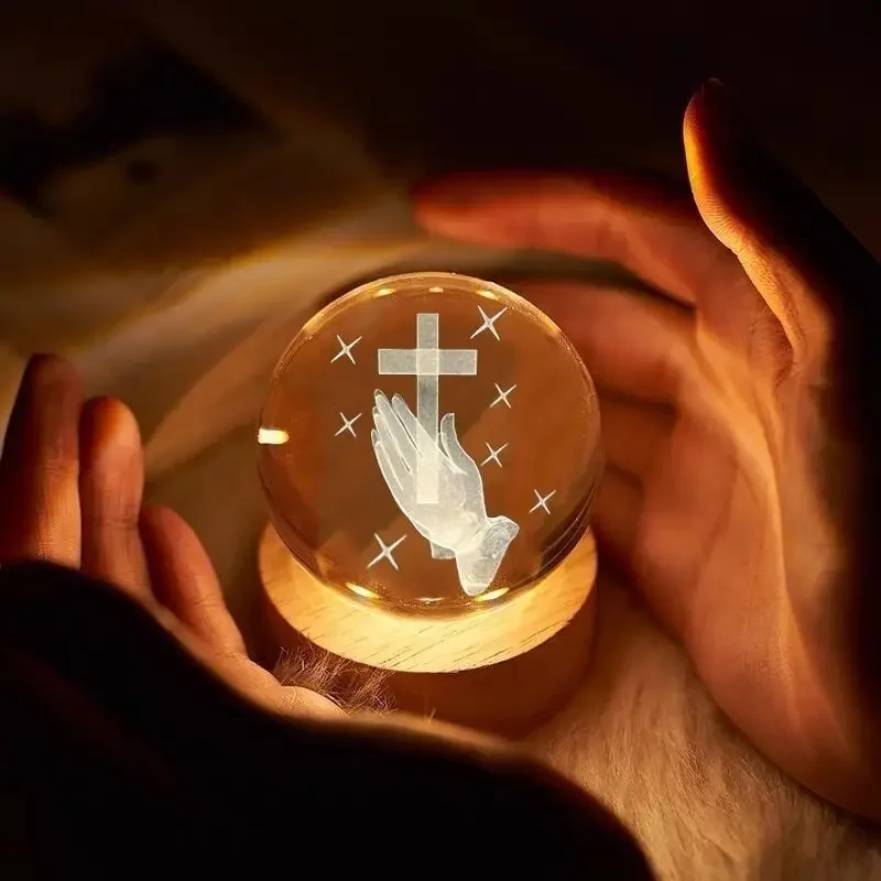 2024 new crystal ball night light creative home cross Jesus prayer luminous ball bedroom office decoration fresh ornament Gifts