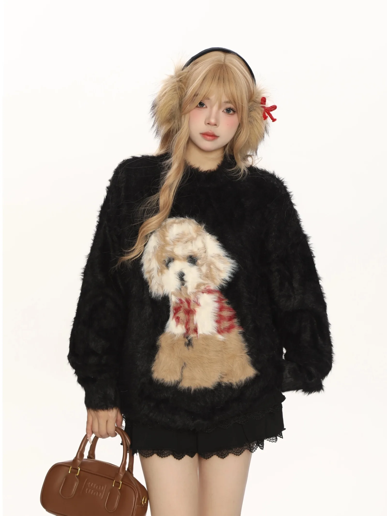 

Мягкий бархатный вязаный свитер из норки с собачьим узором, осень-зима, новый ленивый длинный свек для пар, круглый теплый топ