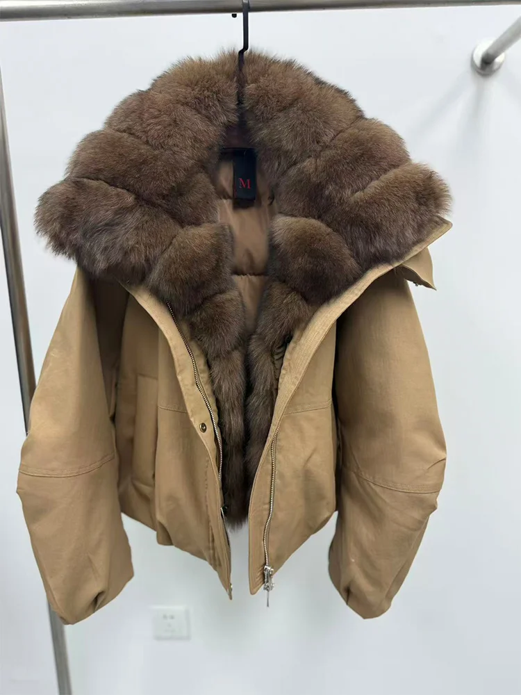 New Fashion Winter Casual Puffer Jackets Natural Fox Fur Collar Coat Short Goose Down Jacket Luxury Women Parkas Clothing