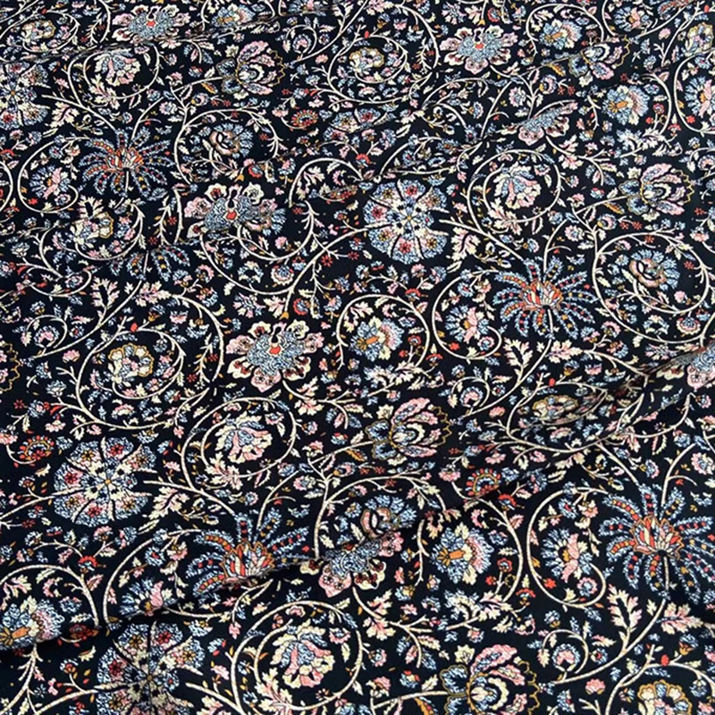 114CM Wide 16mm Plants Printed Thin Soft Black Silk Crepe de Chine Fabric for DIY Sewing Summer Dress Pants Pajamas C001-57