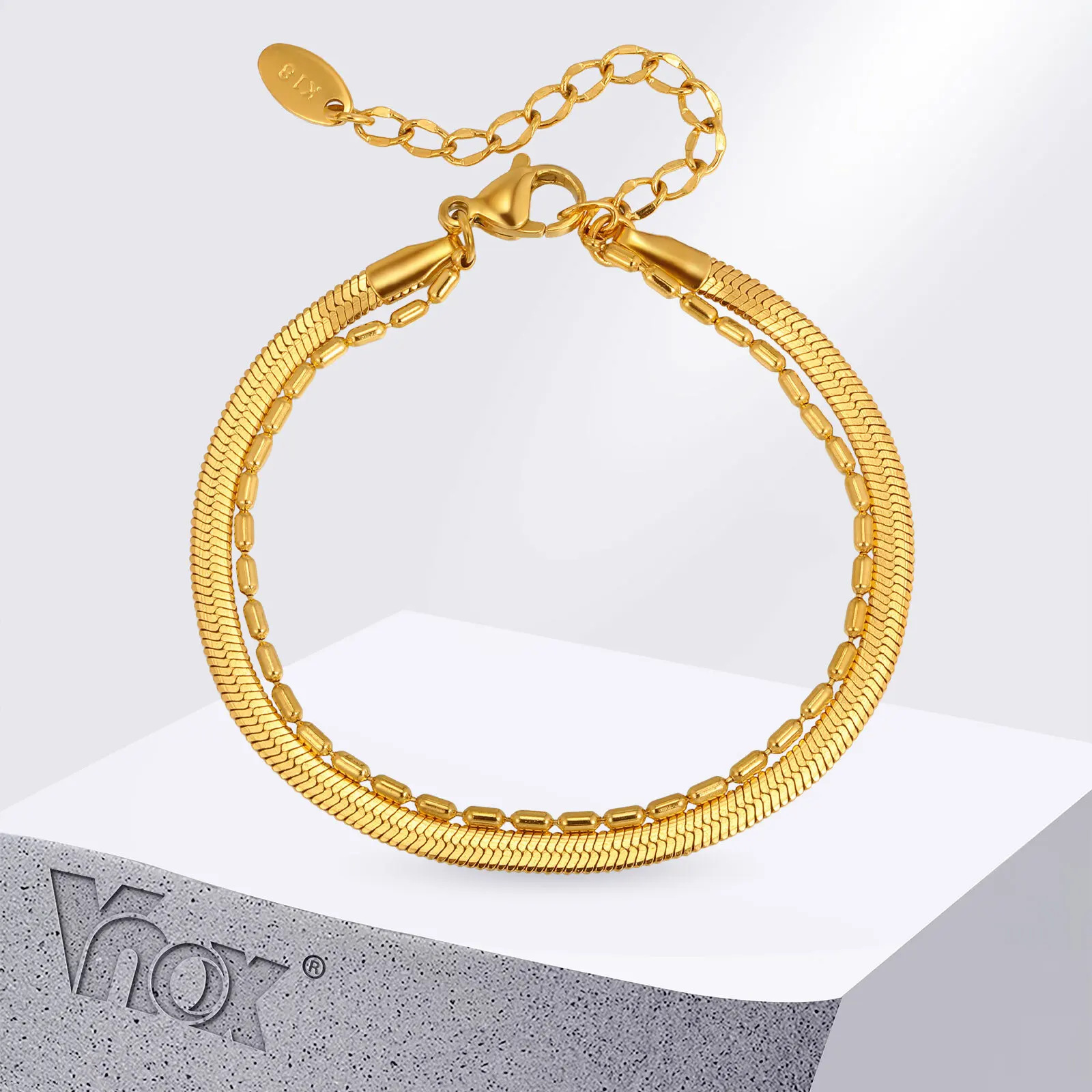 

Vnox Gold Color Flat Chain Bracelet For Women, Stainless Steel Double-layer Chains, Light Luxury Jewelry Daily