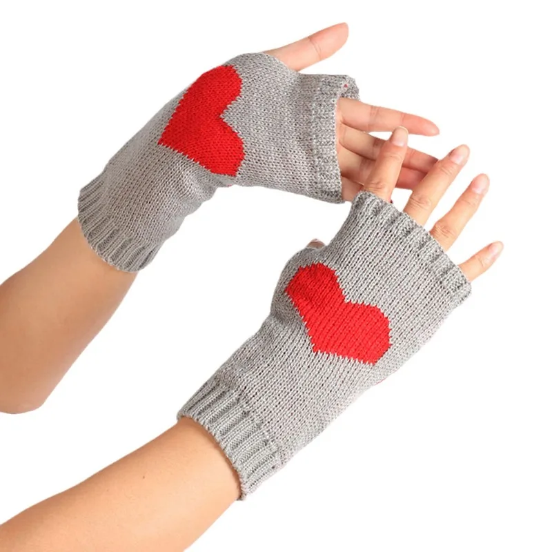 Knitted Woolen Warm Gloves with Big Heart Pattern, Knitted Gloves with Missing Fingers, Winter and Autumn Protective Gloves