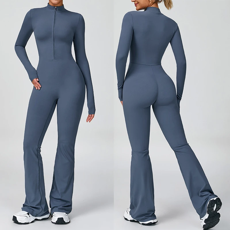 

Women Long Sleeve Flare Workout Jumpsuit Zip Up Romper Bottom Pants Wide Leg Full Length Bodysuit Bodycon One Piece