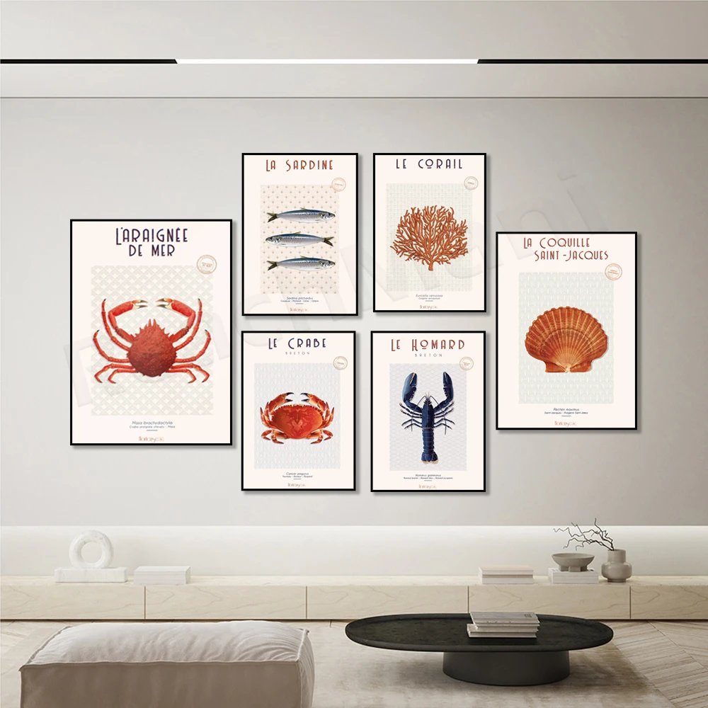 Brittany lobster poster, sardines, sea spiders, crabs, sea creatures, illustration - deco - wall art