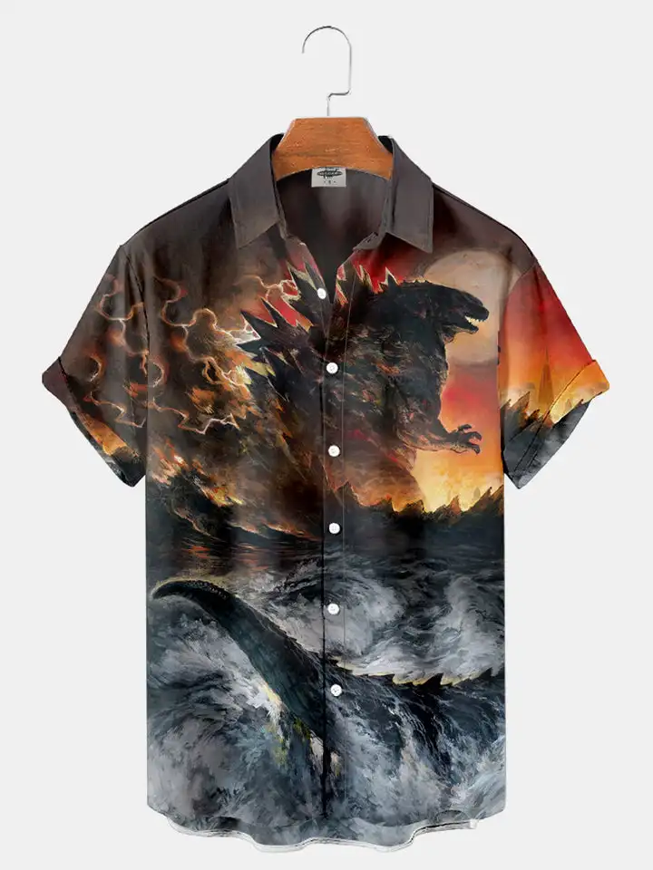 Men\'s classic sea monster printed shirt summer cool street men\'s and women\'s couples style shirt single button lapel short shirt