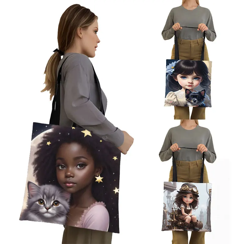 Cute Afro Princess Mermaid Cat Dog Print Shoulder Bag Women Tote Bags Steampunk Girls Storage Bag Eco Reusable Shopper Bags Gift