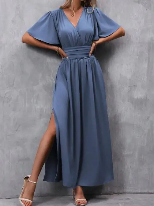 

2026 spring/summer new women's elegant deep V-neck design with slit pleats on both sides and waist cinching long skirt