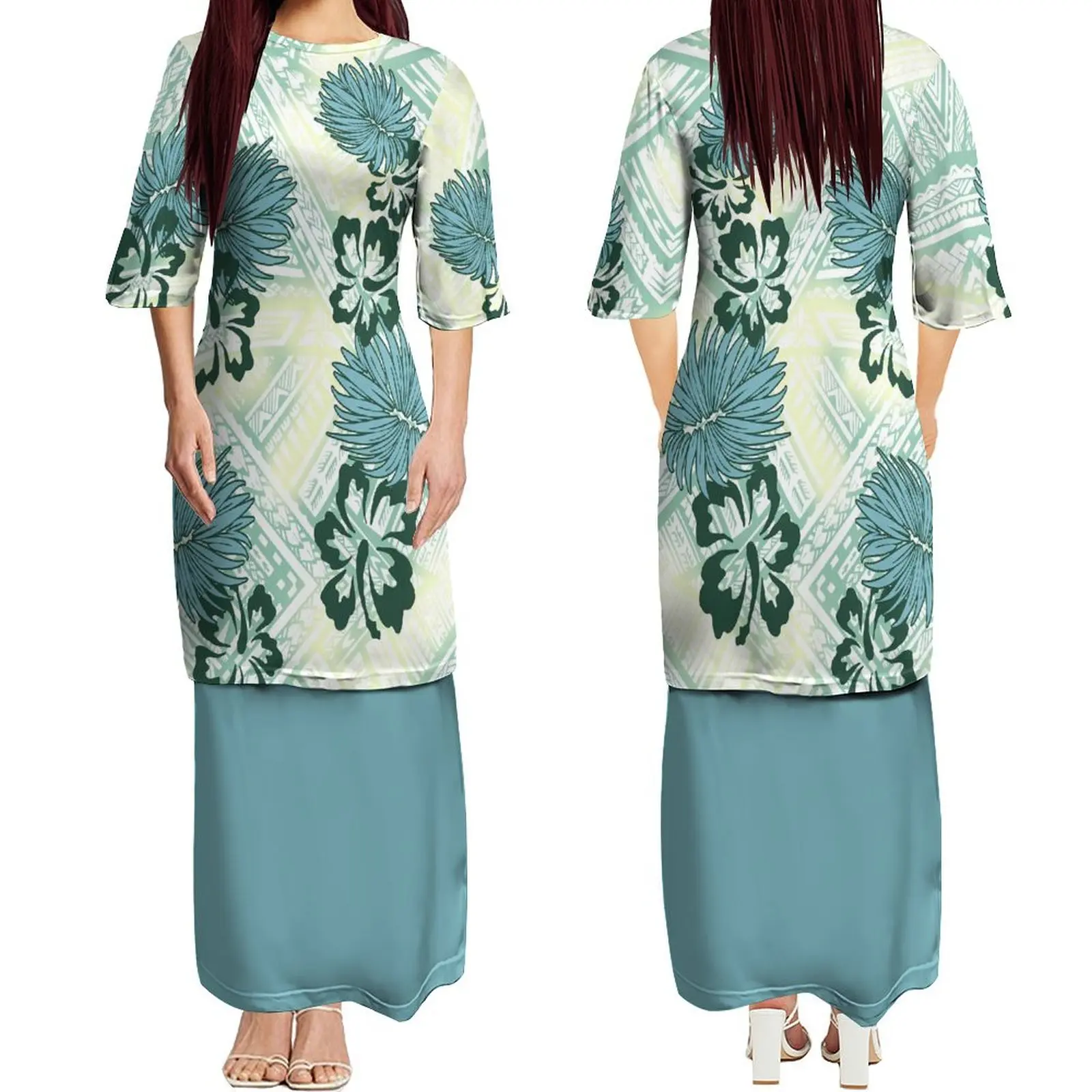 

2024 Samoa Crew-Neck Women'S Mid-Sleeve Dress puletasi Top And Long Skirt Suit Polynesian Island-Style Clothing