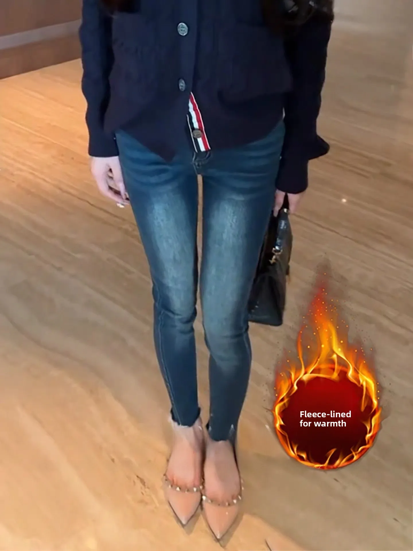 

Женские джинсы с высокой талией, утепленные флисом, в стиле ретро, облегающие, с расклешенными штанинами, теплые, осенне-зимние, модные, больших размеров