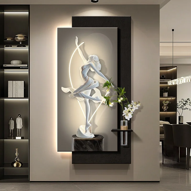 Luxury People Dance Foyer Decoration Painting Corridor Green Plants Painting Lighting Painting Equipped Digital Clock Display