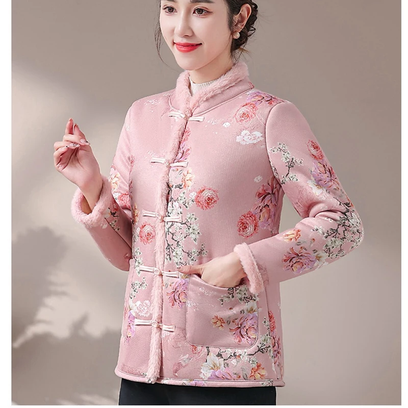 

Chinese Style Cotton Coat Women Mid Age Floral Print Winter Jacket Vintage Stand Collar Frog Button Warm Padded Outerwear New