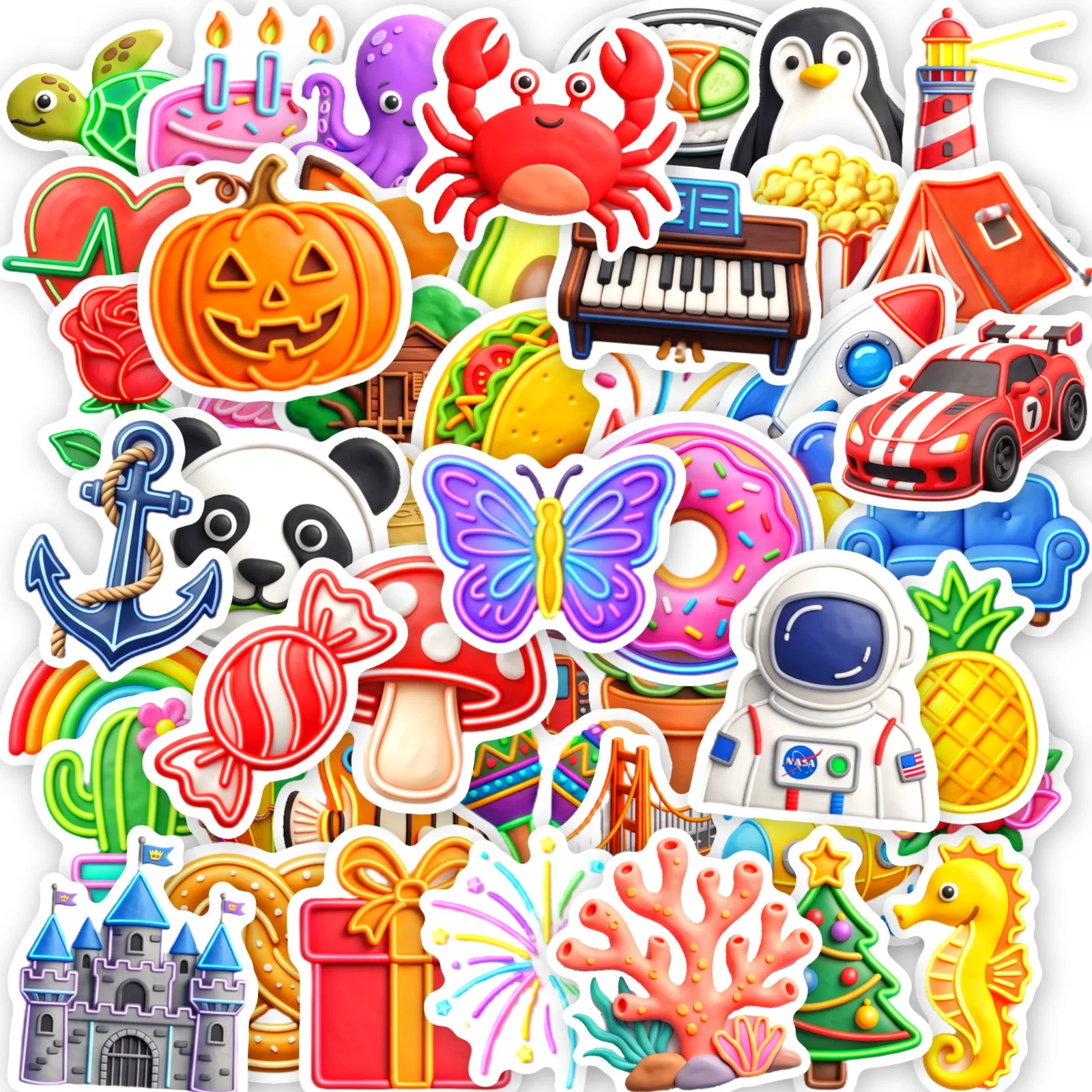 50Pcs Creative Clay Style Mixed Graffiti Decorative Stickers, Waterproof Stickers for Water Bottle, Skateboard, Notebook, Phone