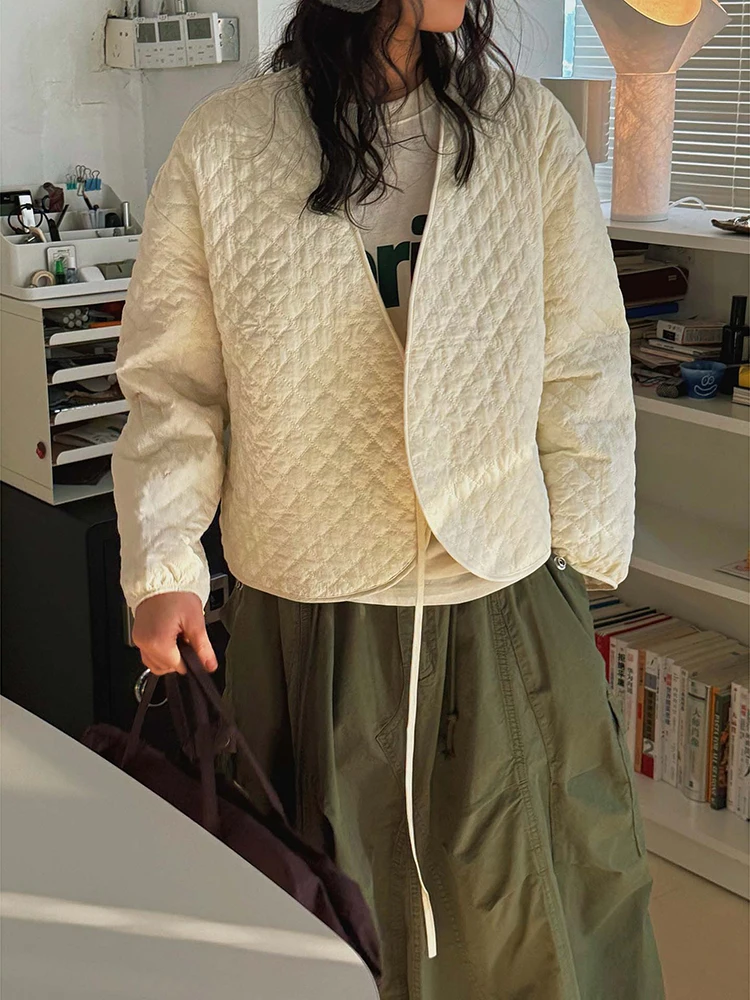 FANAN Korean Style Lace-up Design Cotton Coats For Women V Neck Long Sleeve Casual Versatile Minimalism Jackets 2026 Spring New