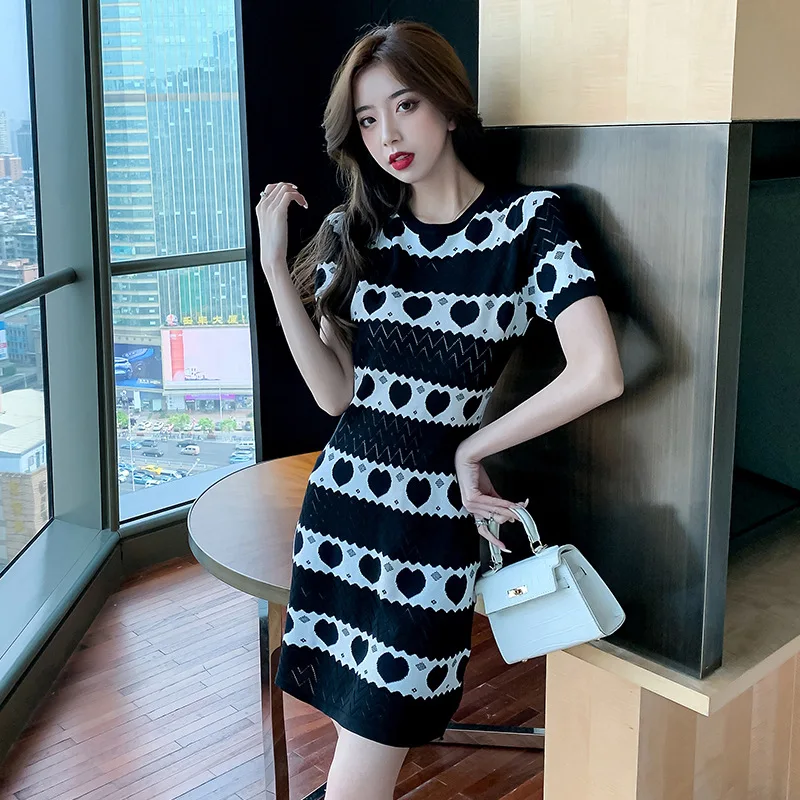 

Sheath Dress Women Knitting Dresses Print Round Collar Short Sleeves Knitted Vestidos Above Knee Office Lady Summer 2025