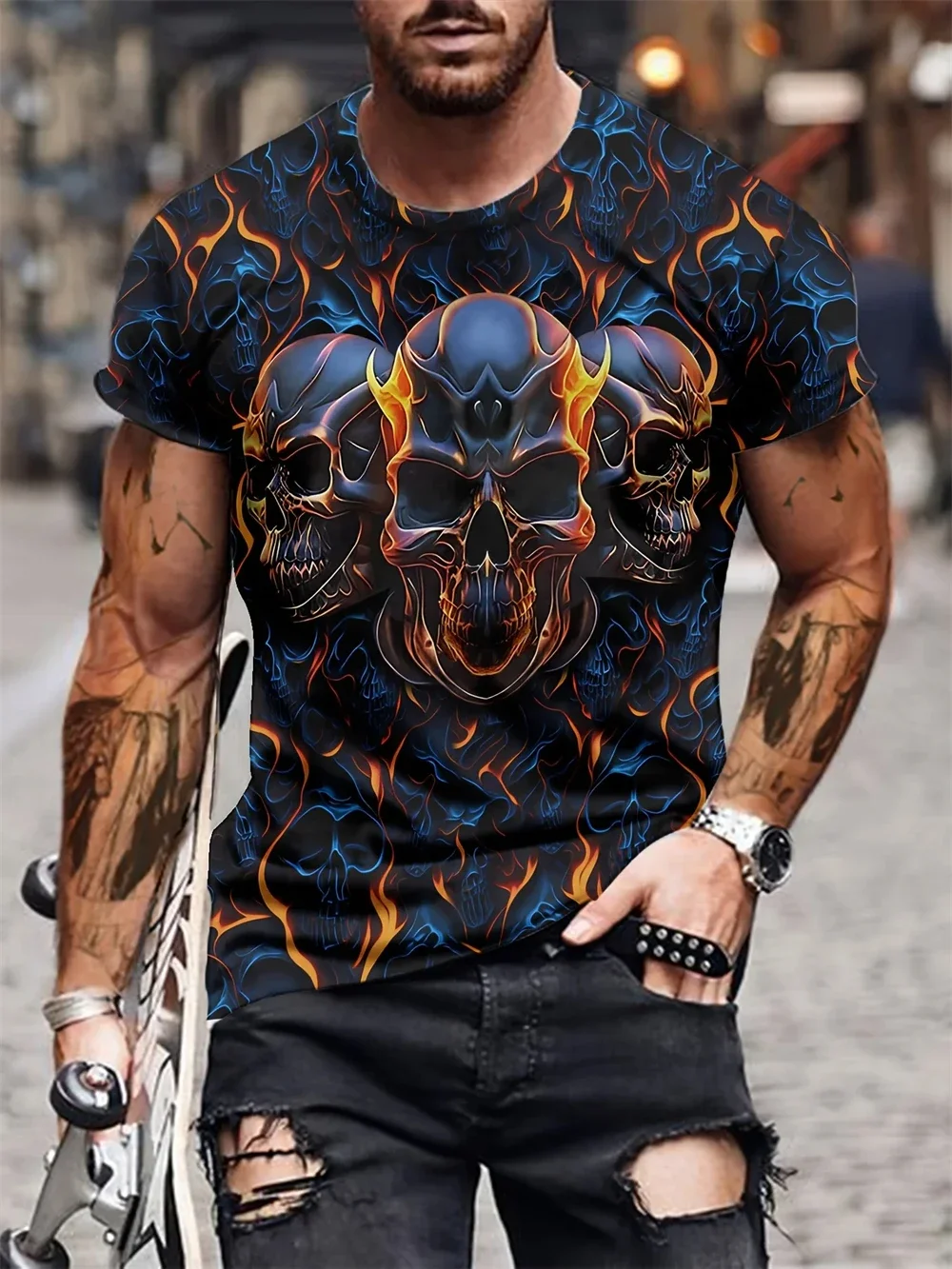 

Summer Vintage Horror 3D Skull Print Men's T-Shirt Classic Casual O Neck Short Sleeve Fashion Loose Oversized Tops Tee Shirt Men