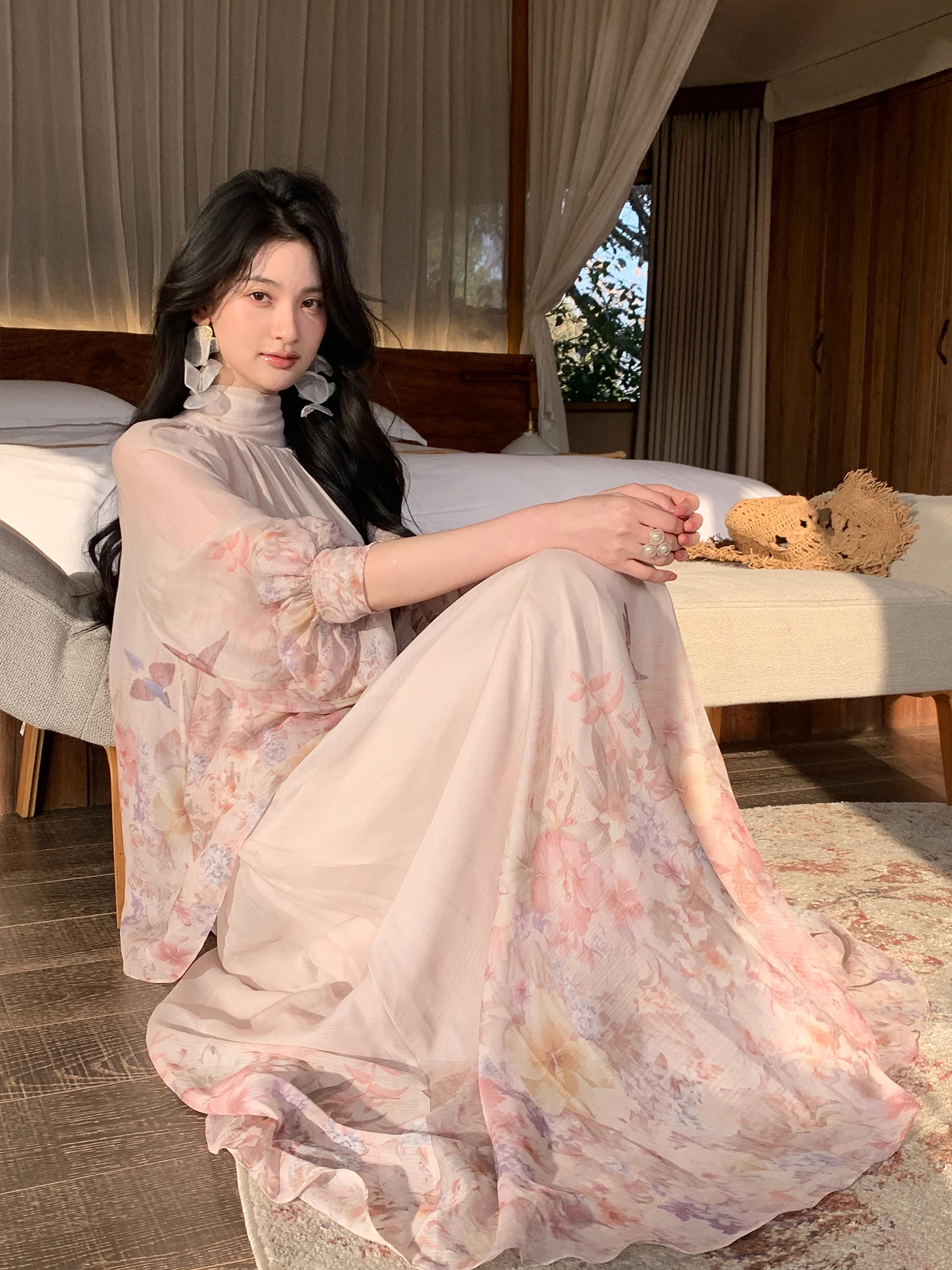 

Floral Print Set with Sa Bubble Sve Top And A-Line Skirt High Waist Spring Faion Women's Ensemble Casual Vaion Sle