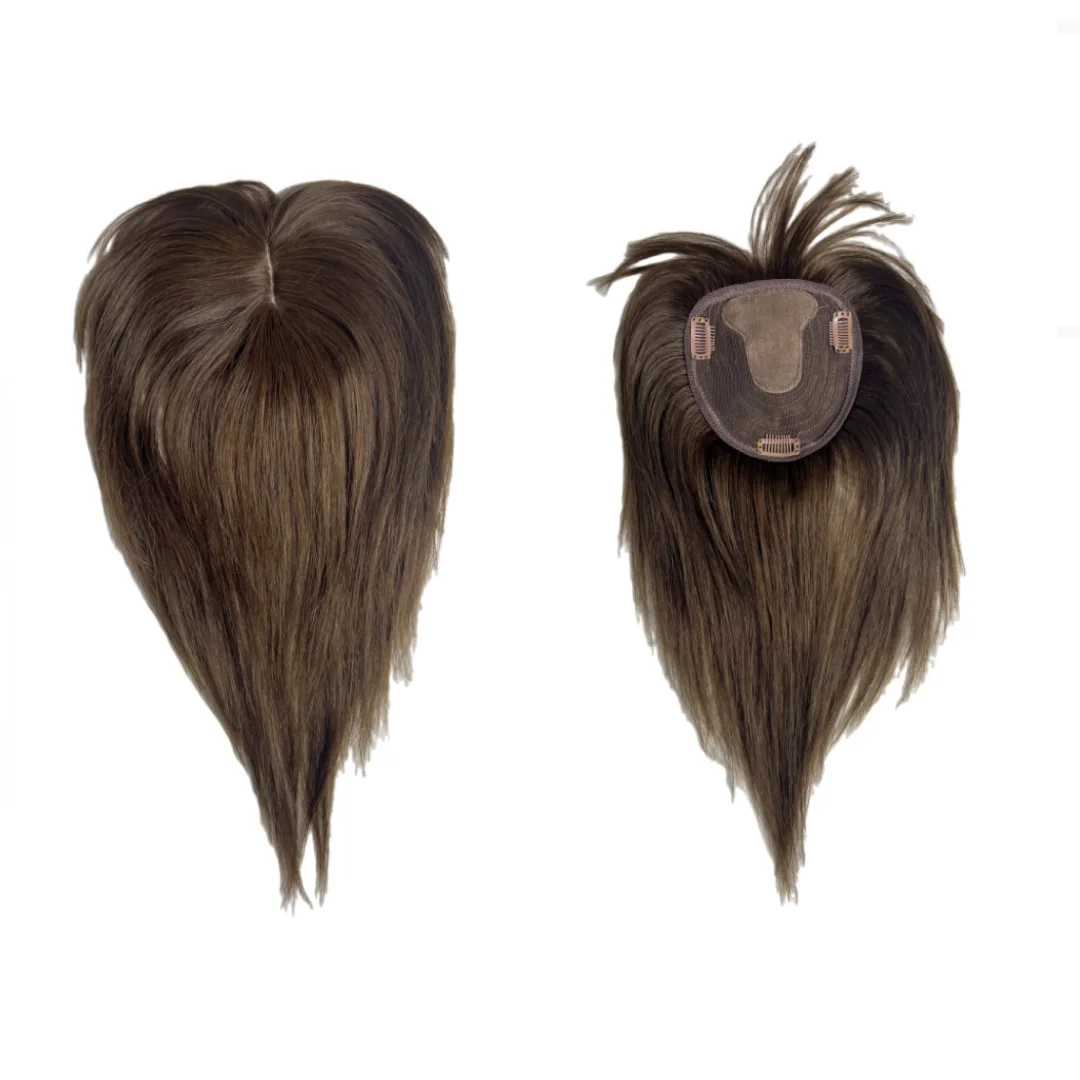 Adornos de cabello humano Natural de 12x14cm para mujeres con cabello adelgazante gris, pelucas de color marrón oscuro, 3 Clips en extensiones para uso diario