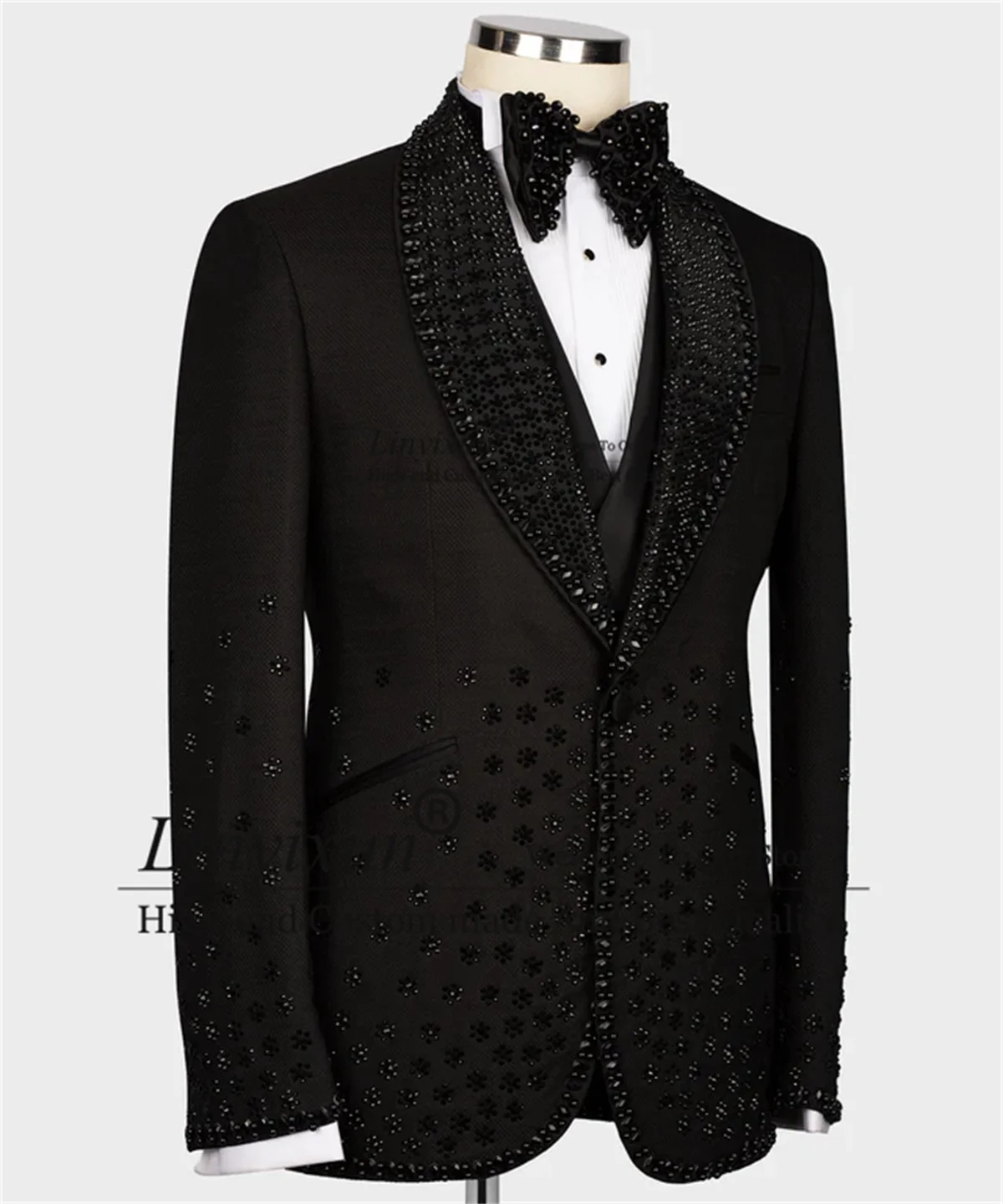 Sparkly Beaded Crystals Men Suits Slim Fit Male Prom Blazers  3 Pieces Set Wedding Groom Tuxedos Customized Party Costume Homme