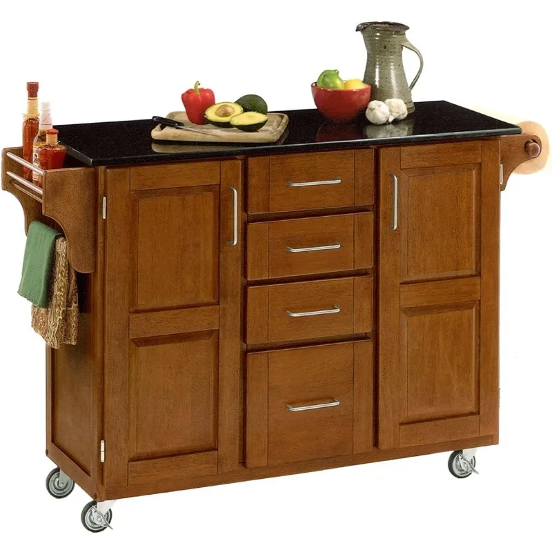 Oak Kitchen Cart with Black Granite Top with Solid Wood Construction Adjustable Shelves Towel Bar Locking Casters and Spice Rack