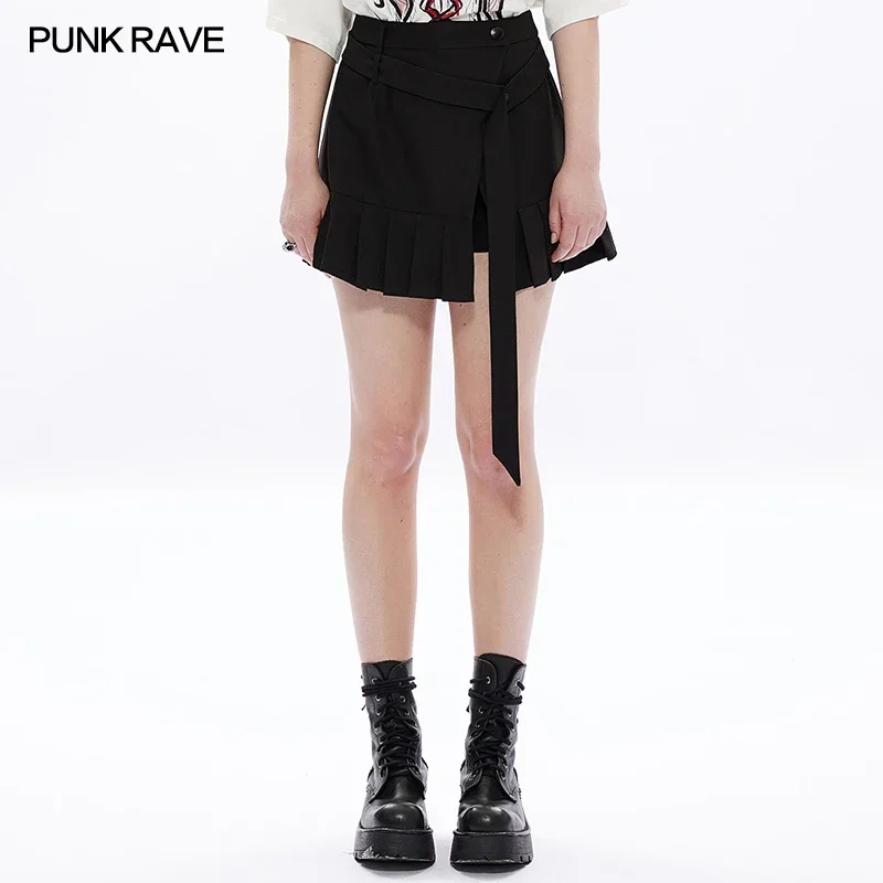 

PUNK RAVE Women's Punk Style Daily Pleated Skirt-pant Removable Decorative Belt Fashion Black Mini Skirts Spring Summer