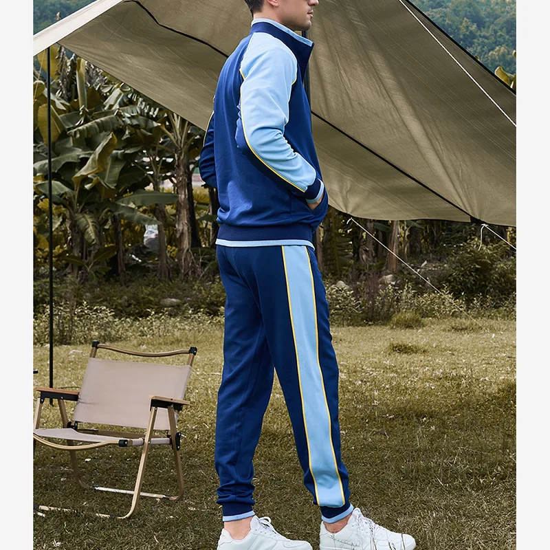 Spring Autumn Male Loose Casual Spliced Zipper Sweatshirt Elastic Waist Sweatpants Two Pieces Set Men Cardigan Top Fashion Pants