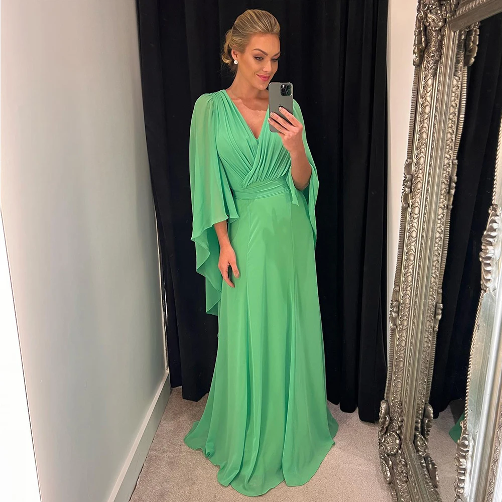 Elegant Green V-Neck Chiffon Formal Evening Dress Women's Pleats Floor Length Prom Gowns Zipper Back Wedding Guest Dress