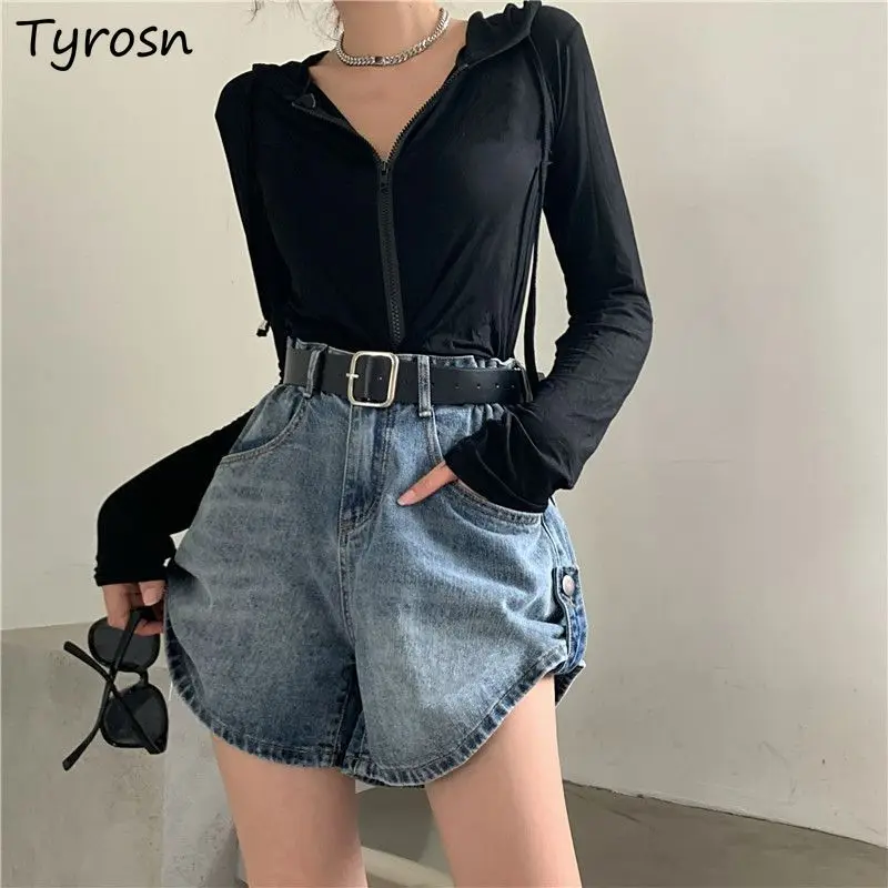 

Shorts Women Wide Leg A-line Denim High Waist Button Distressed Retro Loose Korean Style Leisure Hotsweet Summer High Street