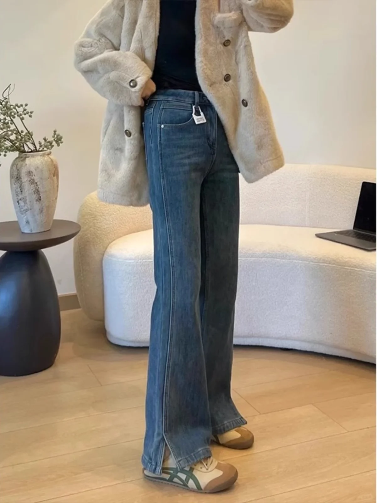 

Джинсы-клеш с высокой талией, женские весенне-осенние утягивающие свободные широкие брюки большого размера для грушевого тела