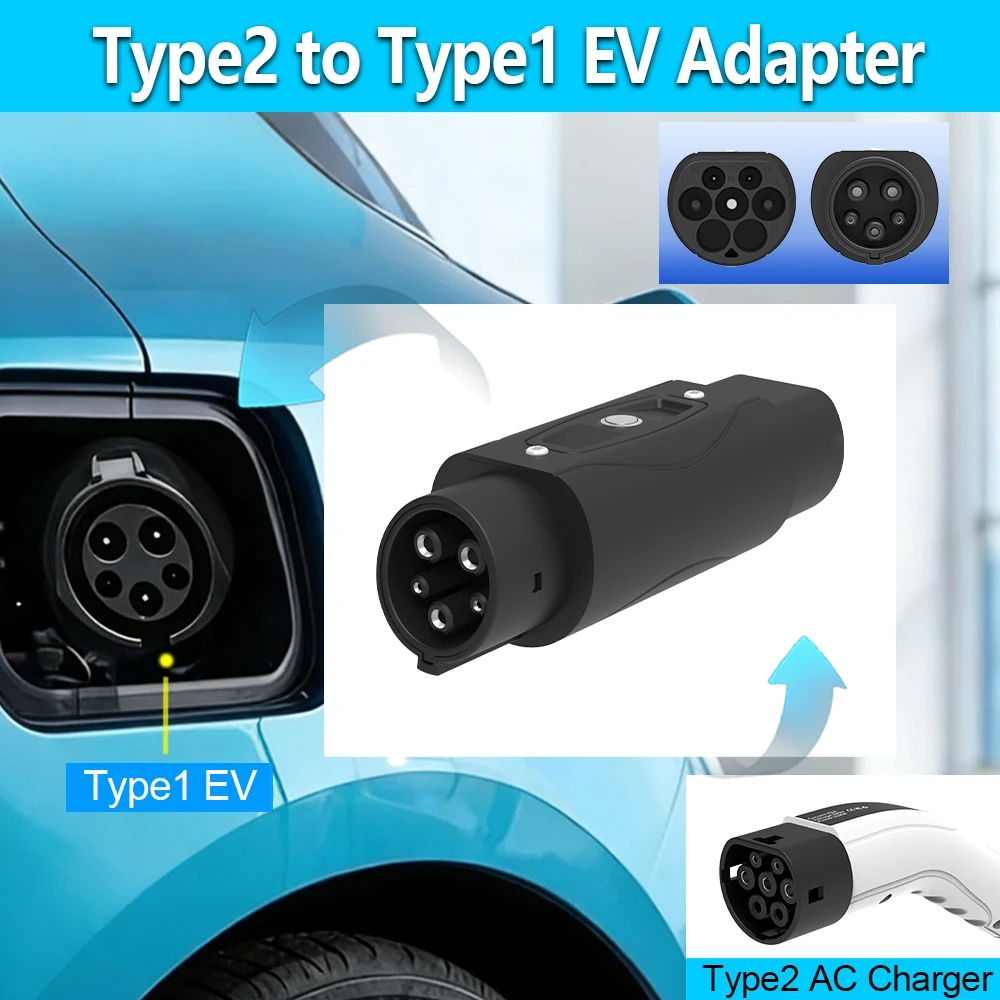 Unirise 32A AC Converter Type2 To Type1 EV Charging Adapter IEC 62196 Charger 110V-250V For J1772 Socket Electric Car Connector