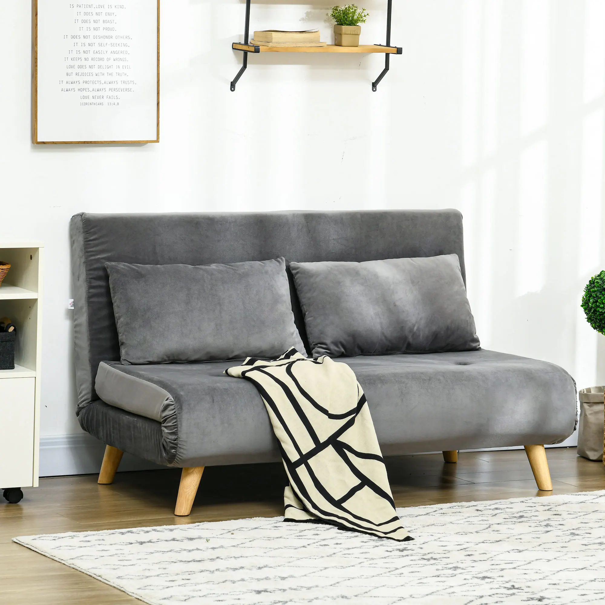 HOMCOM 3 in 1 Schlafsofa 130 x 190 cm Sofa mit Bettfunktion, Klappbar Couch mit Lendenkissen, Samtoptik, Verstellbarer Rückenlehne für Wohnzimmer, Schlafzimmer, Grau