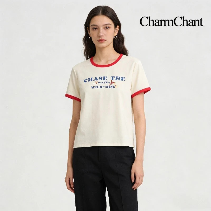 CHARMCHANT Women's Cream Contrast Trim Ringer T Shirt Letter Print Retro American Style Casual Summer Cotton Tops Summer 2026