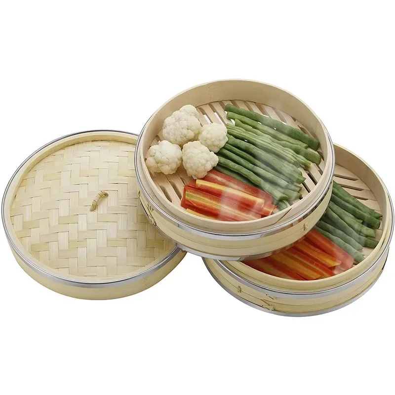 10 Inches Premium 2 Tier Bamboo Steamer with Stainless Steel Banding Perfect For Steaming Dim Sum Dumplings