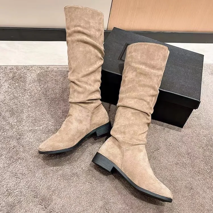 2024 Women Mid Calf Boots Retro High Heels Solid Color Women Shoes Round Toe Rome Females Low Heels Boots Botas De Mujer