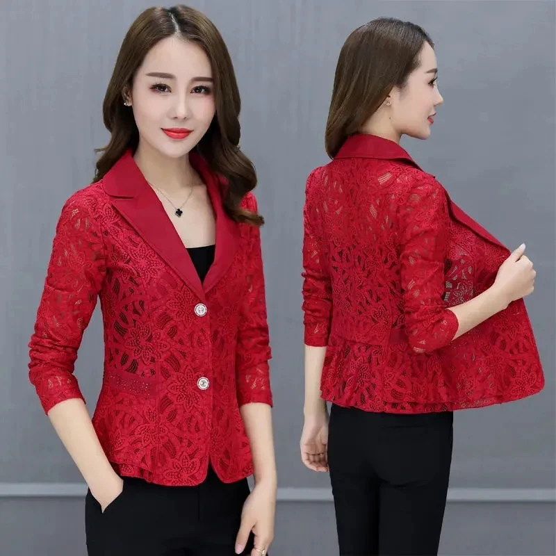 Women\'s Blazer Jacket Korean 2024 Spring Summer New Slim Lace printing Small Suit Jackets Female Elegant Thin Blazers Women Coat