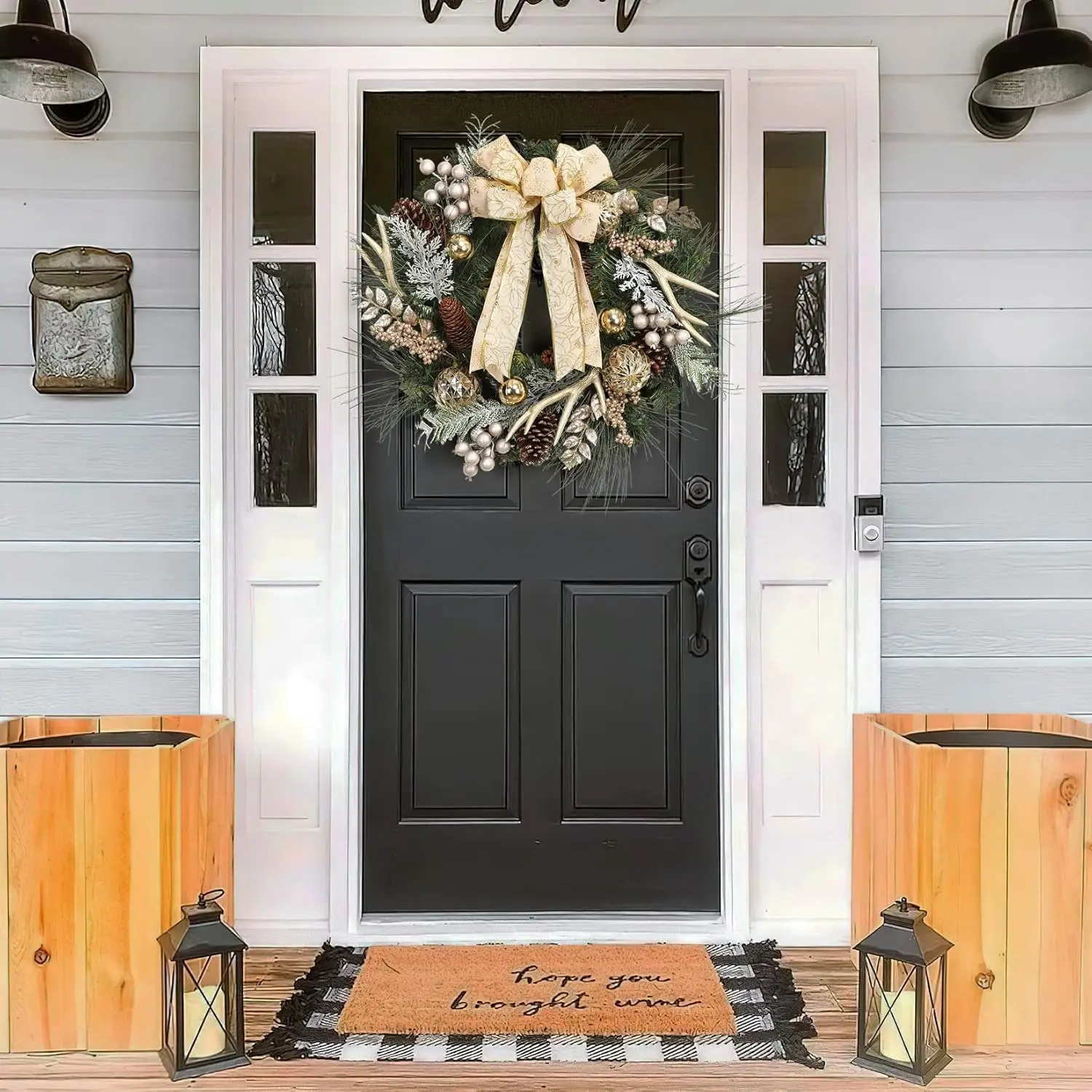 

24 Inch Lighted Christmas Wreath with Timer, Pre-Lit Xmas Wreath with 20 Light Antlers Bowknot Pine Cones Balls for Front Door