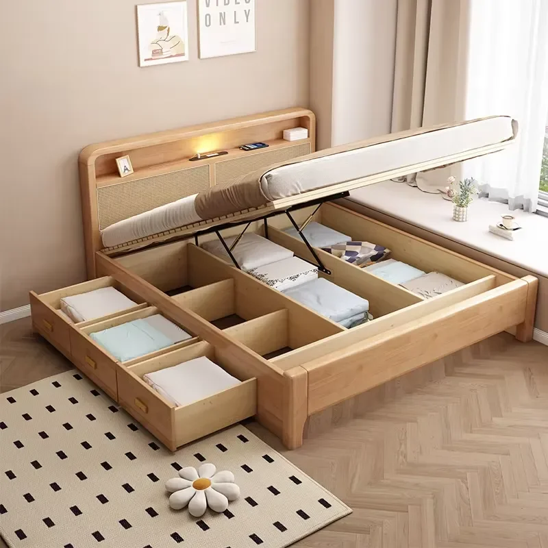 for Scandinavian rattan solid wood bed natural wood platform bed with headboard storage