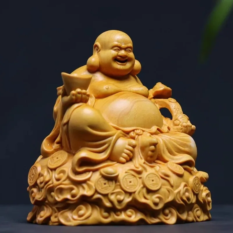 Natural Laughing Buddha Statue, Lucky Maitreya Monk Sculpture, Wood Carved Home Office Decor, Prosperity Gift view 3