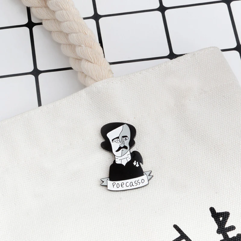 Funny art style Edgar Allan Poe Enamel Pin Two-Face Black Poecasso style Man Brooch Buckle Hat Backpack Shirt Collar Jewelry