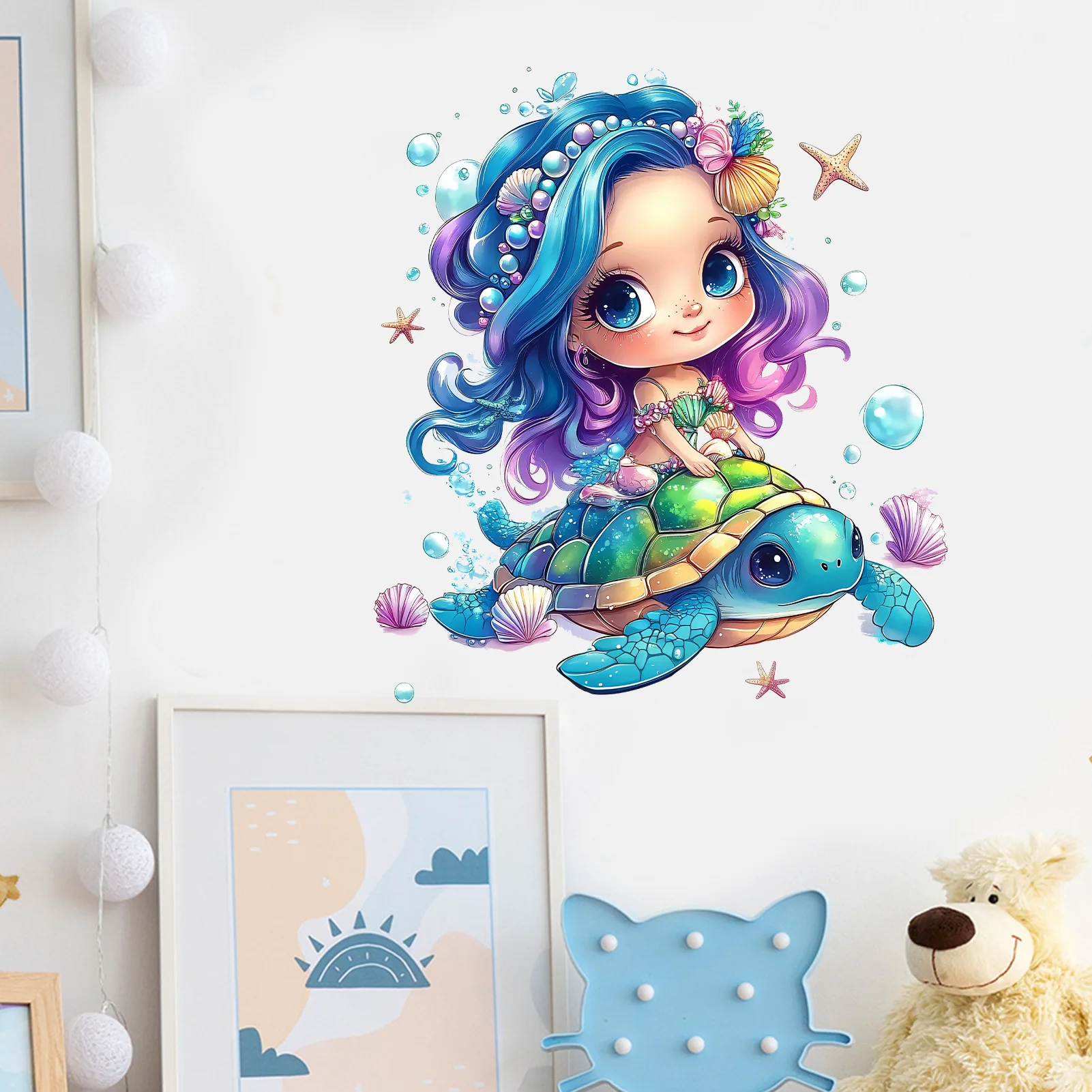 Watercolor Cartoon Girl Wall Stickers Beautiful Little Mermaid Turtle Shell Self Adhesive Removable Decals for Bedroom Entryway