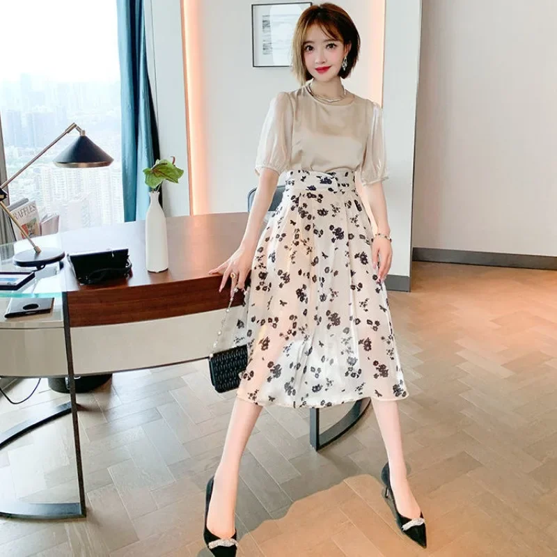 Female Outfits Beach Midi Kawaii Skirt Short Sleeve Printing Solid Color Elegant Casual New in The Same Women\'s Two Piece Set